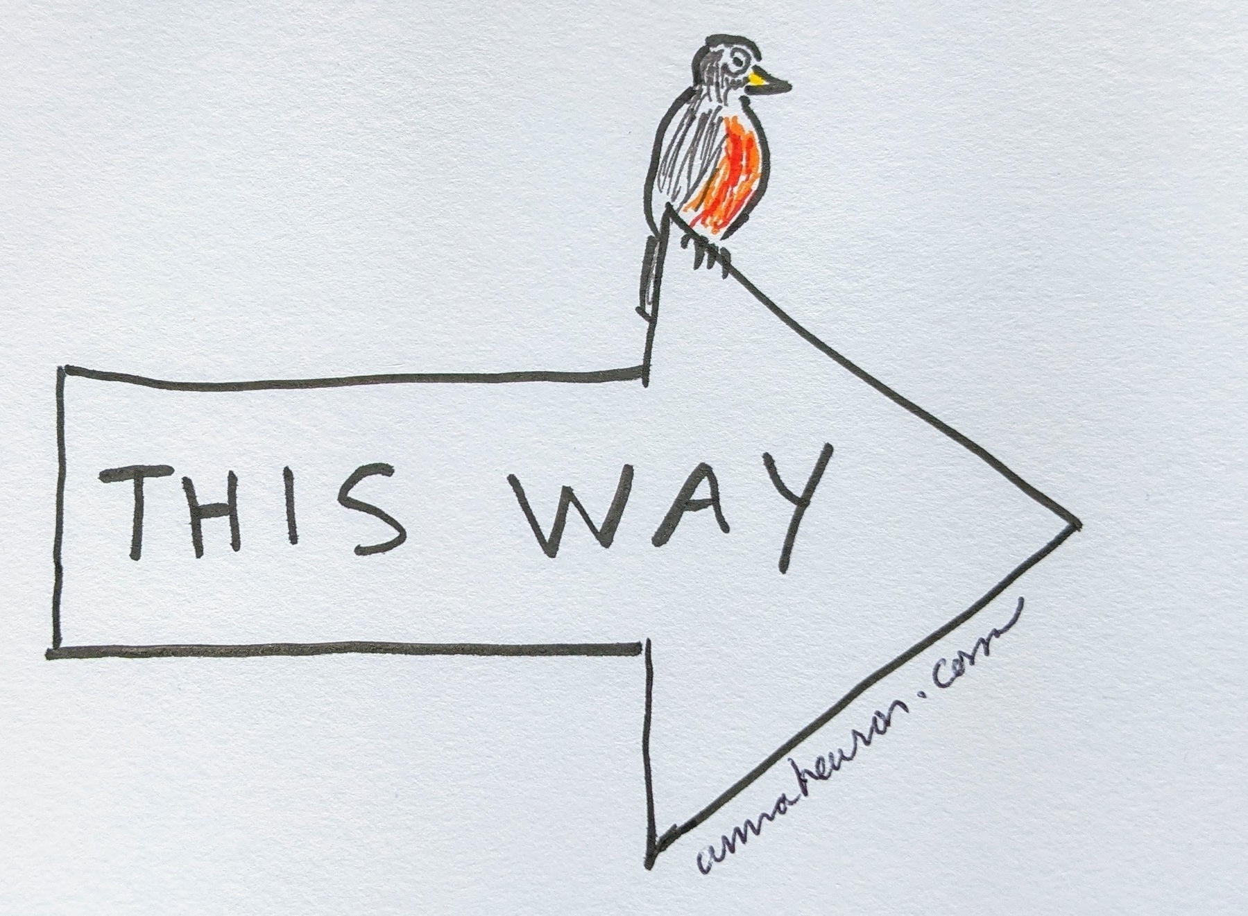 a drawing of a robin sitting on an arrow that says, this way