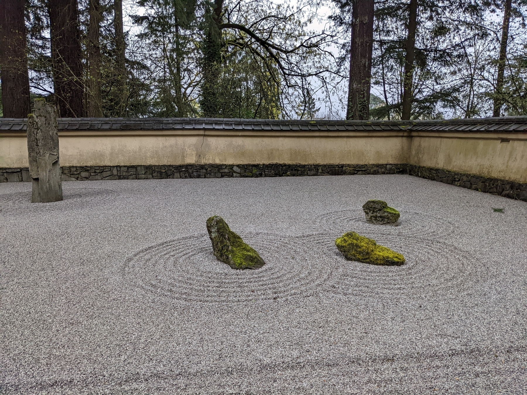 Zen garden, with moss-covered rocks in a landscape of carefully raked gravel